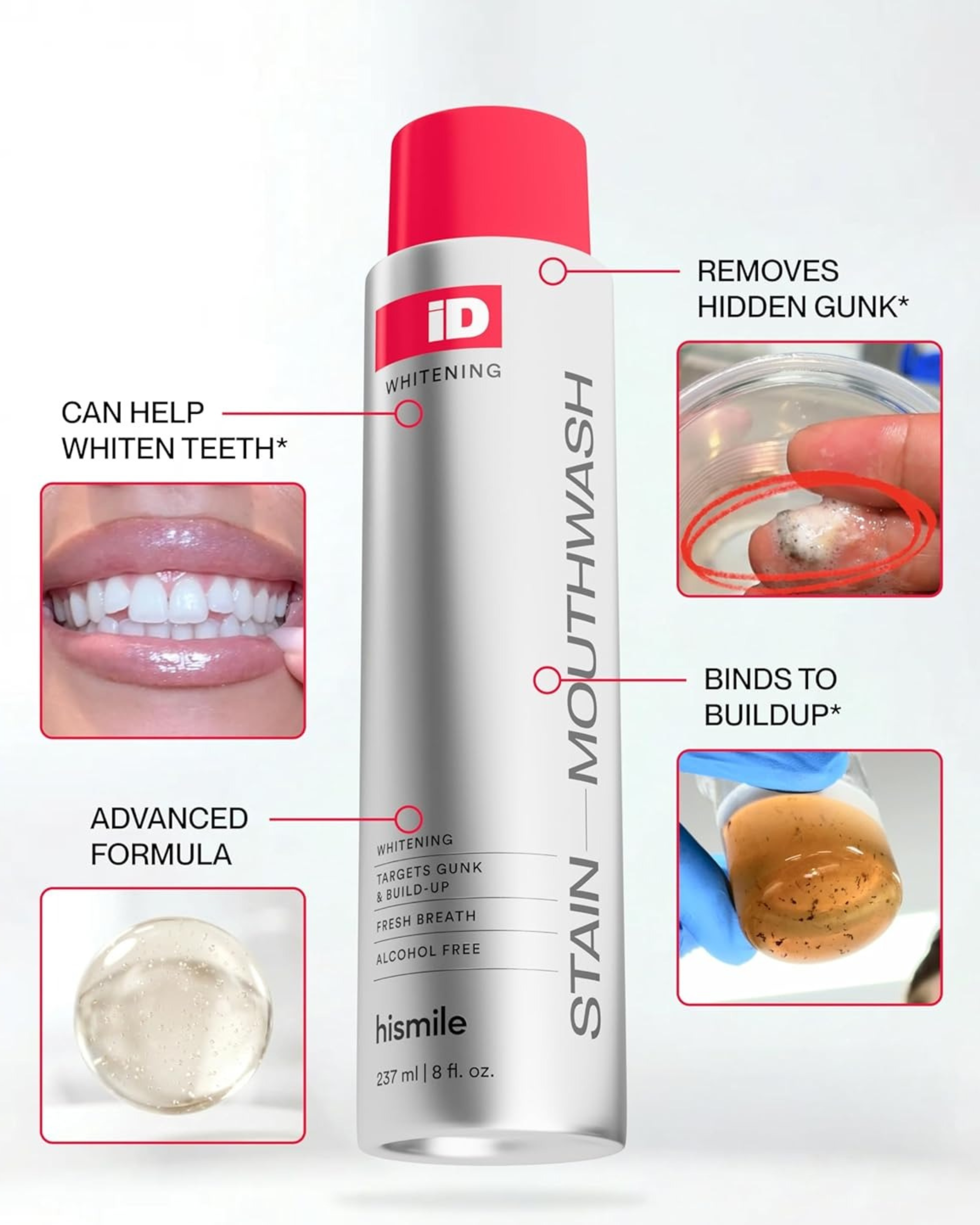Hismile iD Stain Whitening Mouthwash for White Teeth, Freshens Breath with Essential Oils 237ml