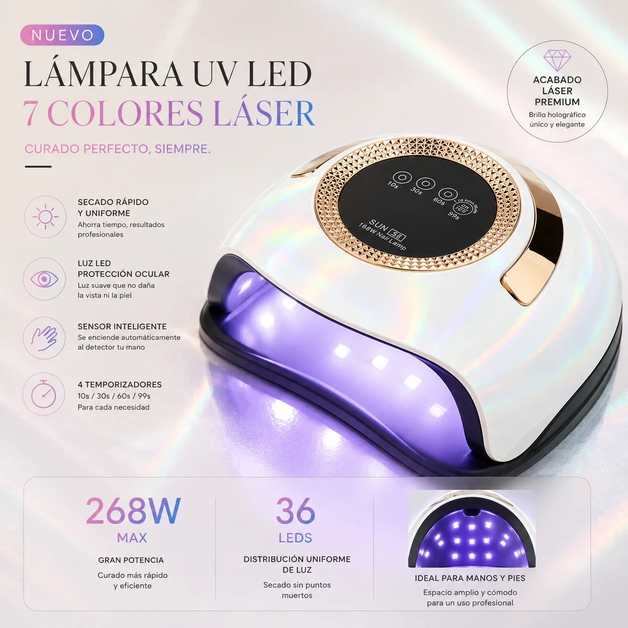 268W UV LED Nail Lamp – Pink & White Gradient Professional Gel Nail Dryer with 36 LED Beads, Smart Sensor & 4 Timer Settings