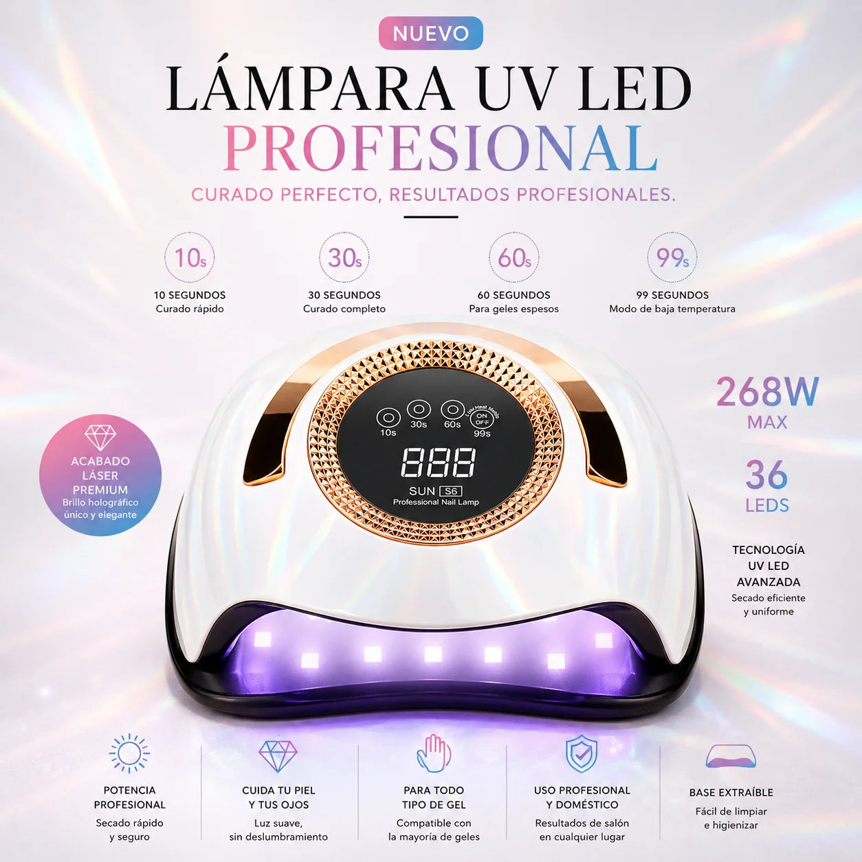 268W UV LED Nail Lamp – Pink & White Gradient Professional Gel Nail Dryer with 36 LED Beads, Smart Sensor & 4 Timer Settings