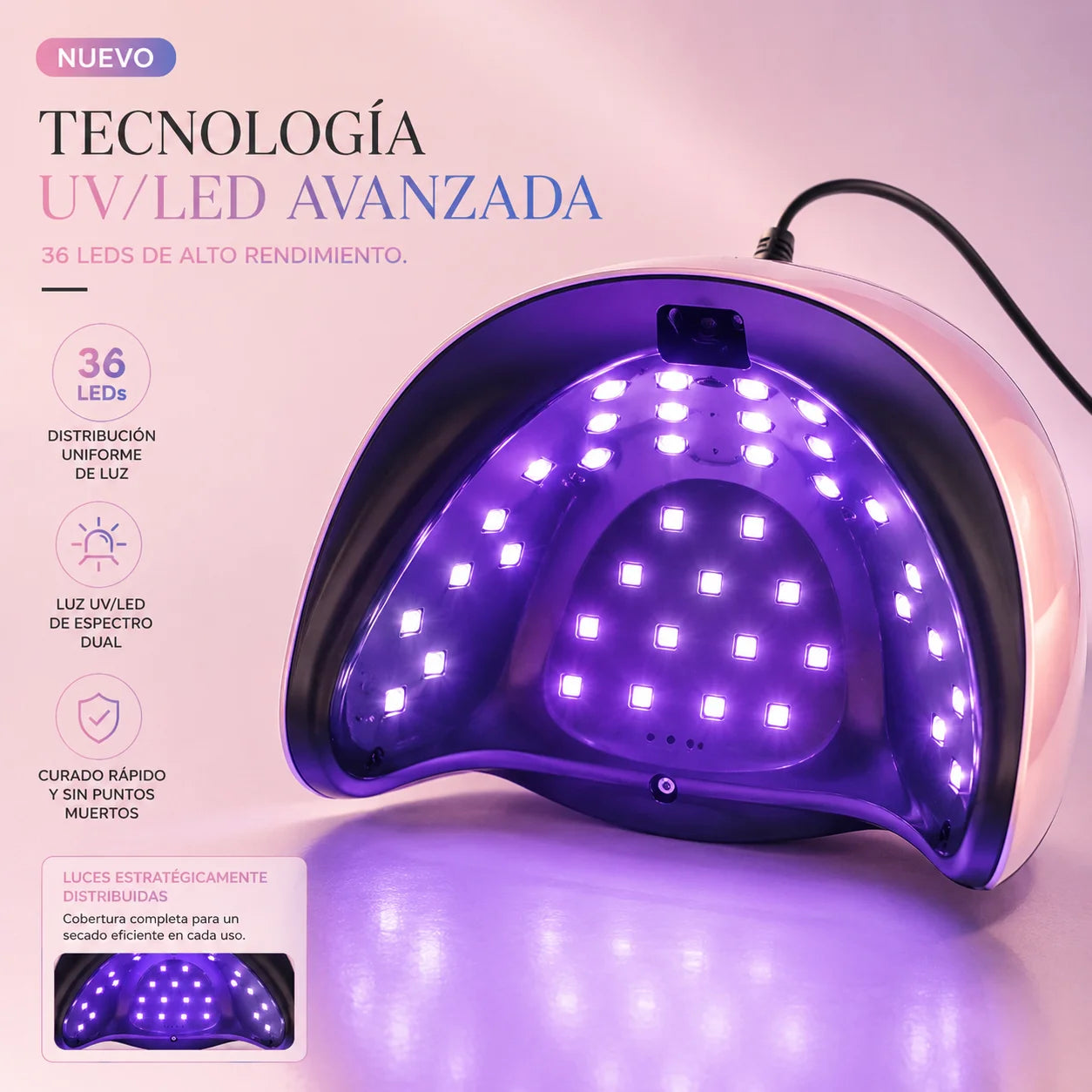 268W UV LED Nail Lamp – Pink & White Gradient Professional Gel Nail Dryer with 36 LED Beads, Smart Sensor & 4 Timer Settings