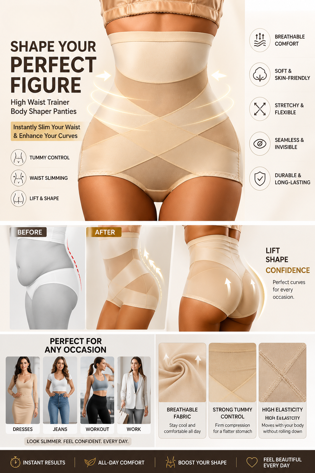 High Waist Trainer Body Shaper Panties for Women – Tummy Control Slimming Shapewear Girdle Underwear