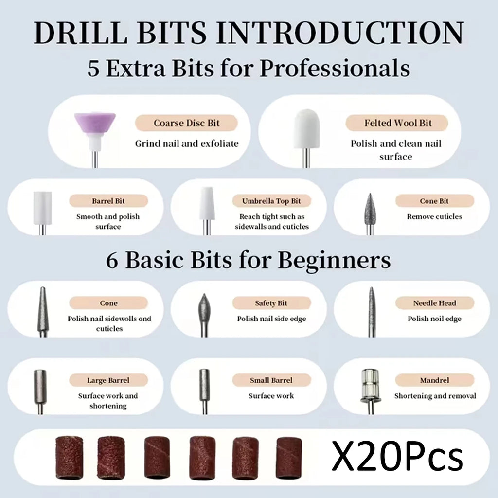 Professional Electric Nail Drill Kit with HD Digital Display – USB Rechargeable Nail & Gel Polisher, 11 Drill Bits & 20 Sanding Bands