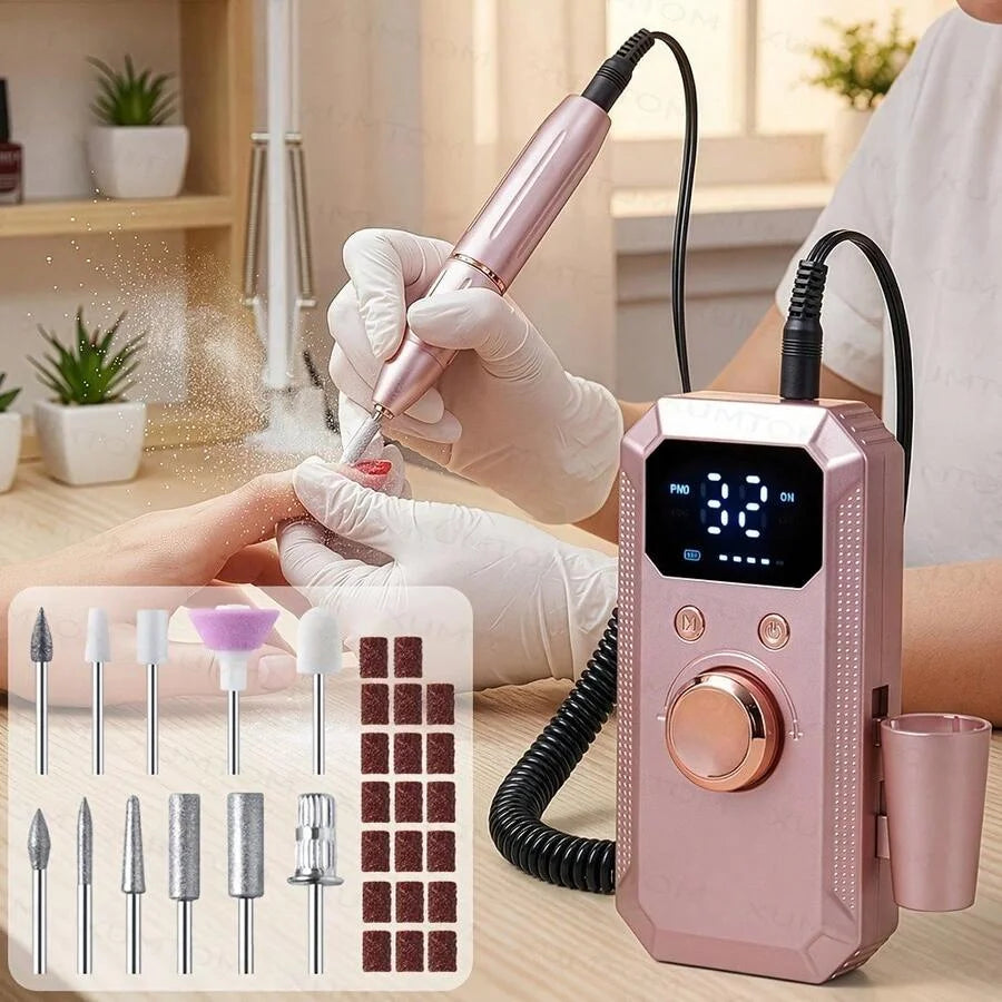 Professional Electric Nail Drill Kit with HD Digital Display – USB Rechargeable Nail & Gel Polisher, 11 Drill Bits & 20 Sanding Bands