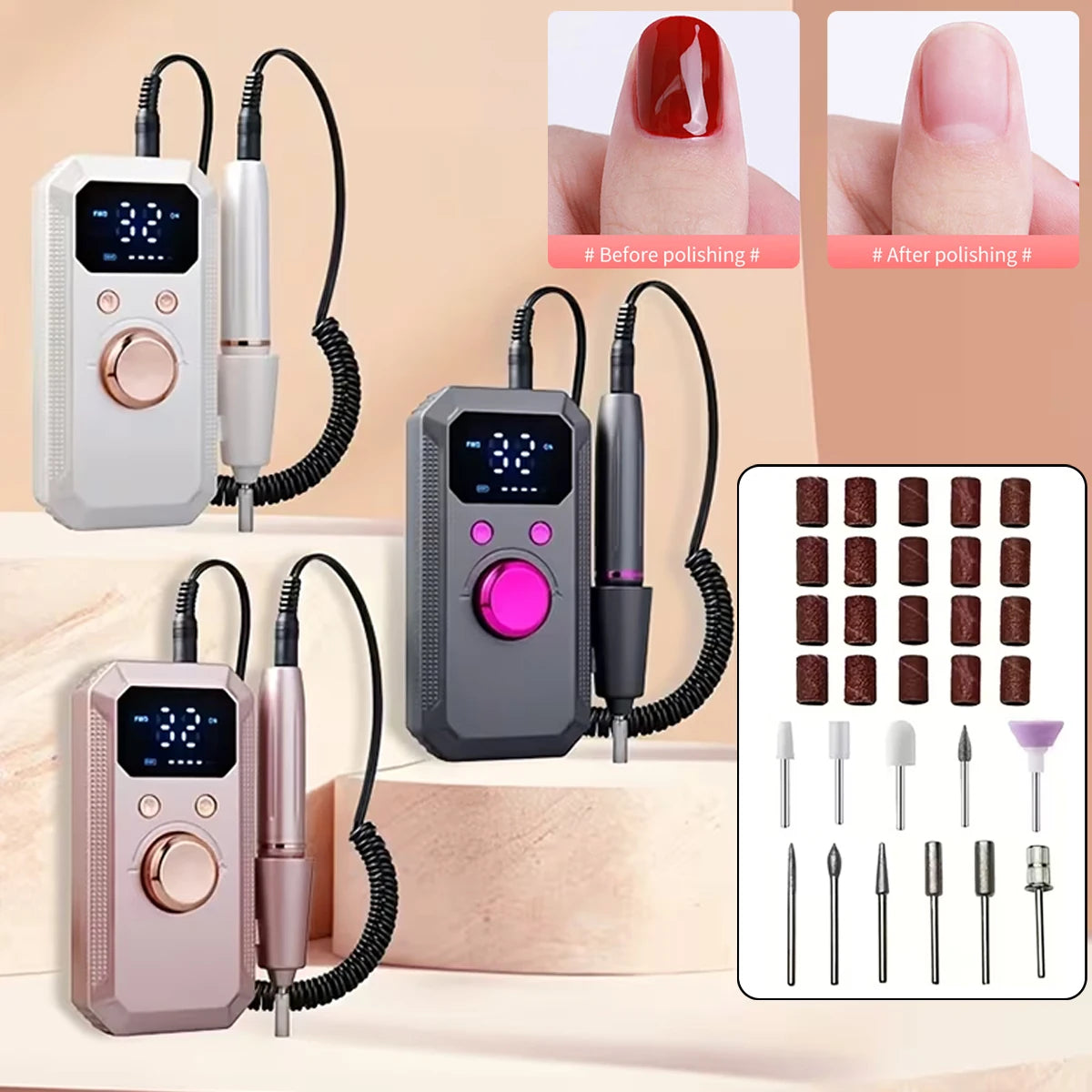 Professional Electric Nail Drill Kit with HD Digital Display – USB Rechargeable Nail & Gel Polisher, 11 Drill Bits & 20 Sanding Bands