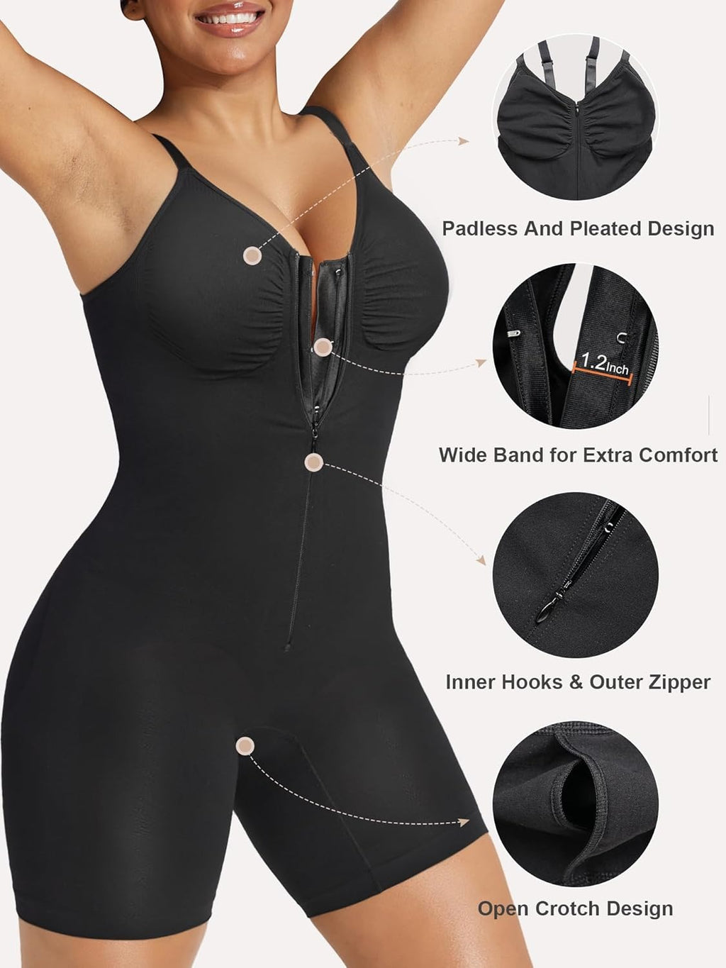 SHAPERX Shapewear for Women Tummy Control Bodysuits Zip-Up Comfort Ultra Stretch Fabric Customizable Fit Breathable Mesh Design Comfortable Fit