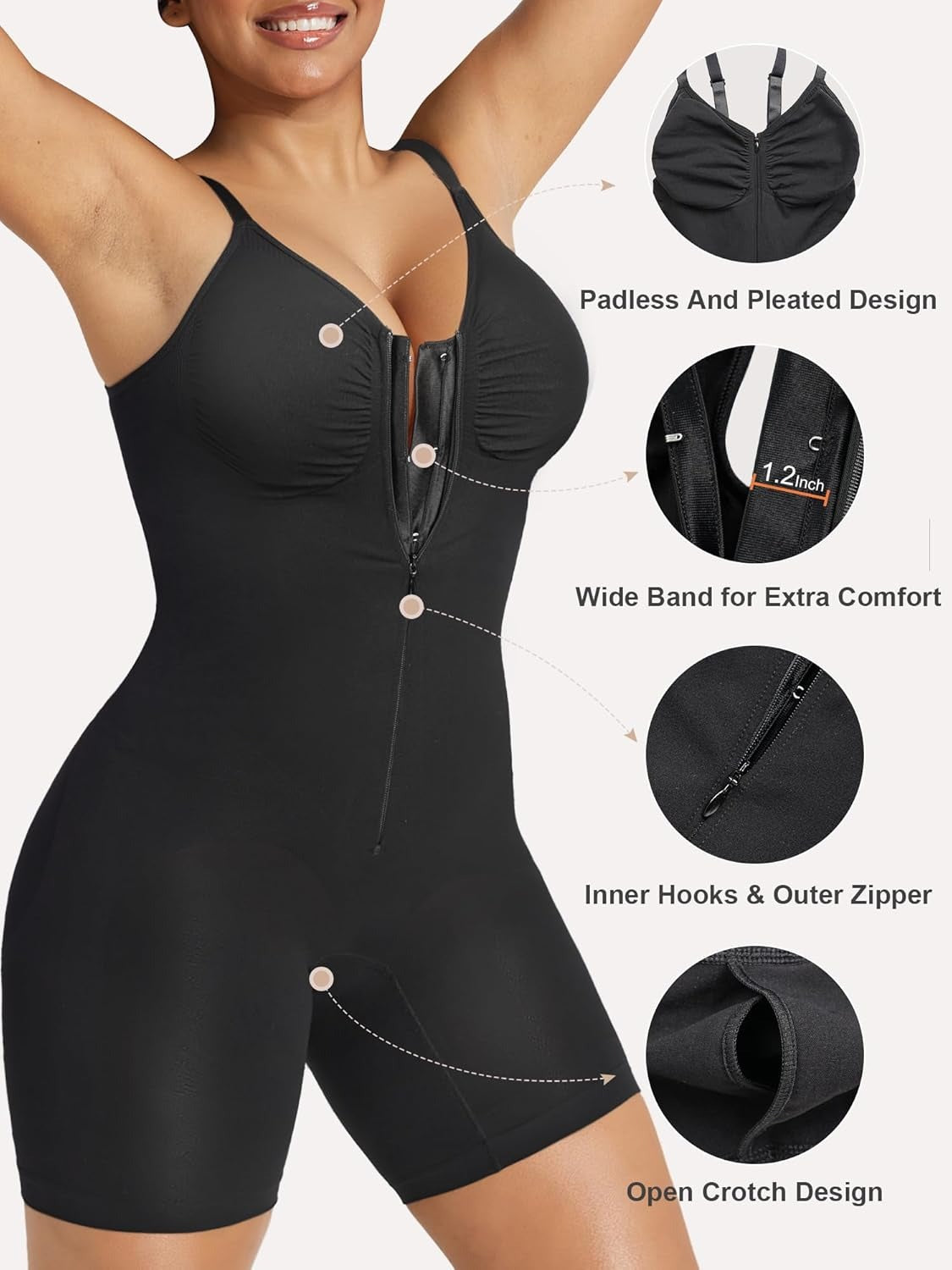 SHAPERX Shapewear for Women Tummy Control Bodysuits Zip-Up Comfort Ultra Stretch Fabric Customizable Fit Breathable Mesh Design Comfortable Fit